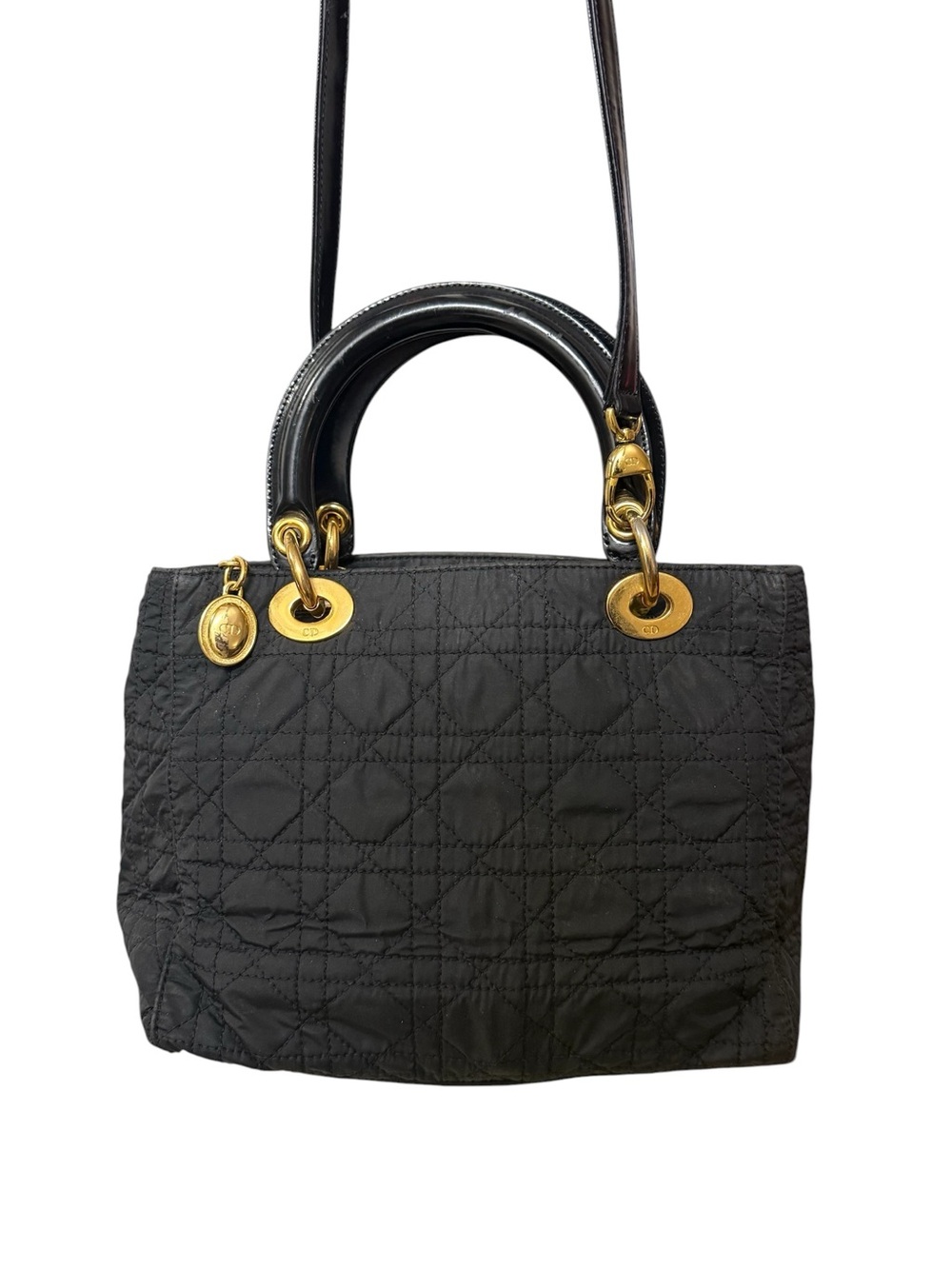 Christian Dior Medium Lady Dior Bag Vintage Black Cannage Quilted Nylon Strap